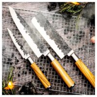 Messer Set aus 3 Messern mit Olivenholz griff und handgeschmiedetem japanischen Stahl BLICKWINKEL KARLSTADT
